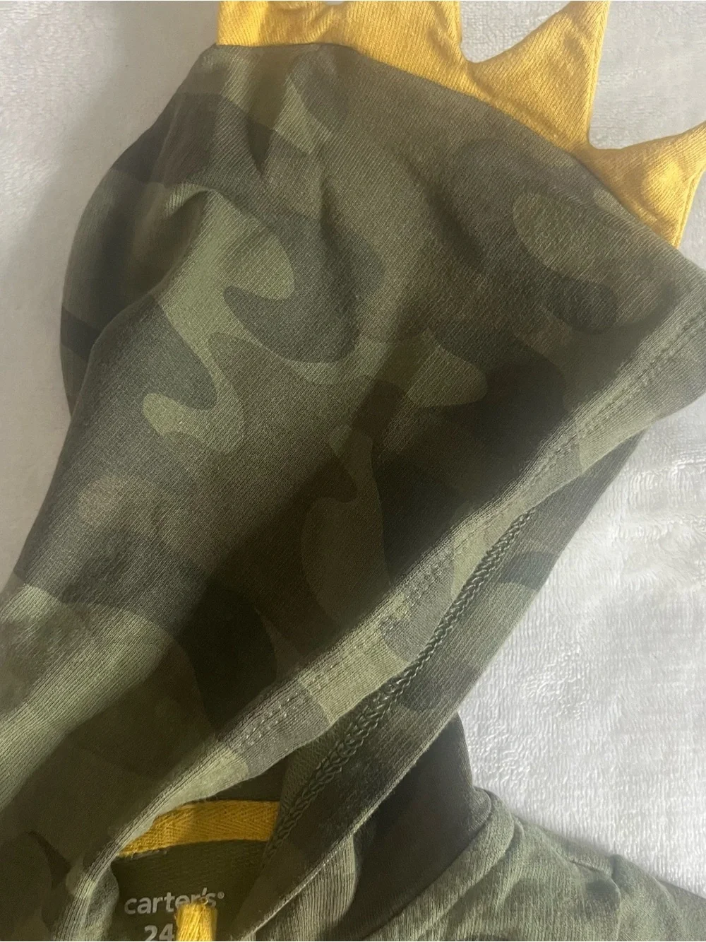 Carter’s Camo Hooded Baby One-Piece with Yellow Zipper & Dinosaur Spikes Sz 24M